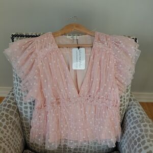 Light Pink Polka Dot Ruffle V-Neck Blouse